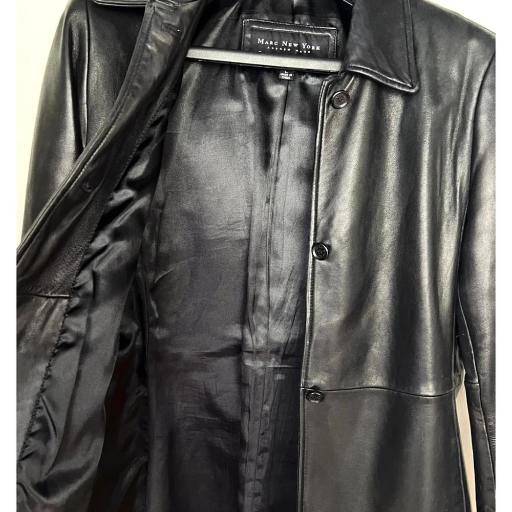 Marc New York Women L Black Genuine Leather Jacket Coat | Pockets, Lined 90s Lux - Picture 5 of 15